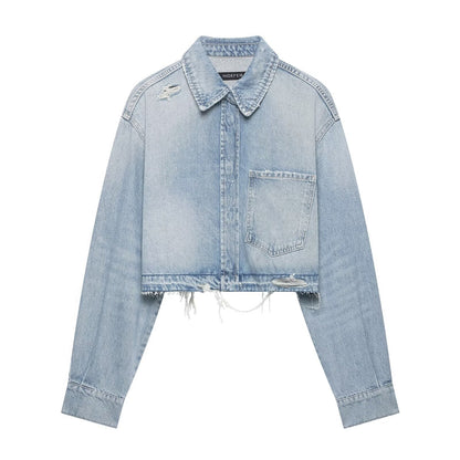 Women's Cropped Denim Jacket in Used-Look with Frayed Hem and Oversized Sleeves EVA-US