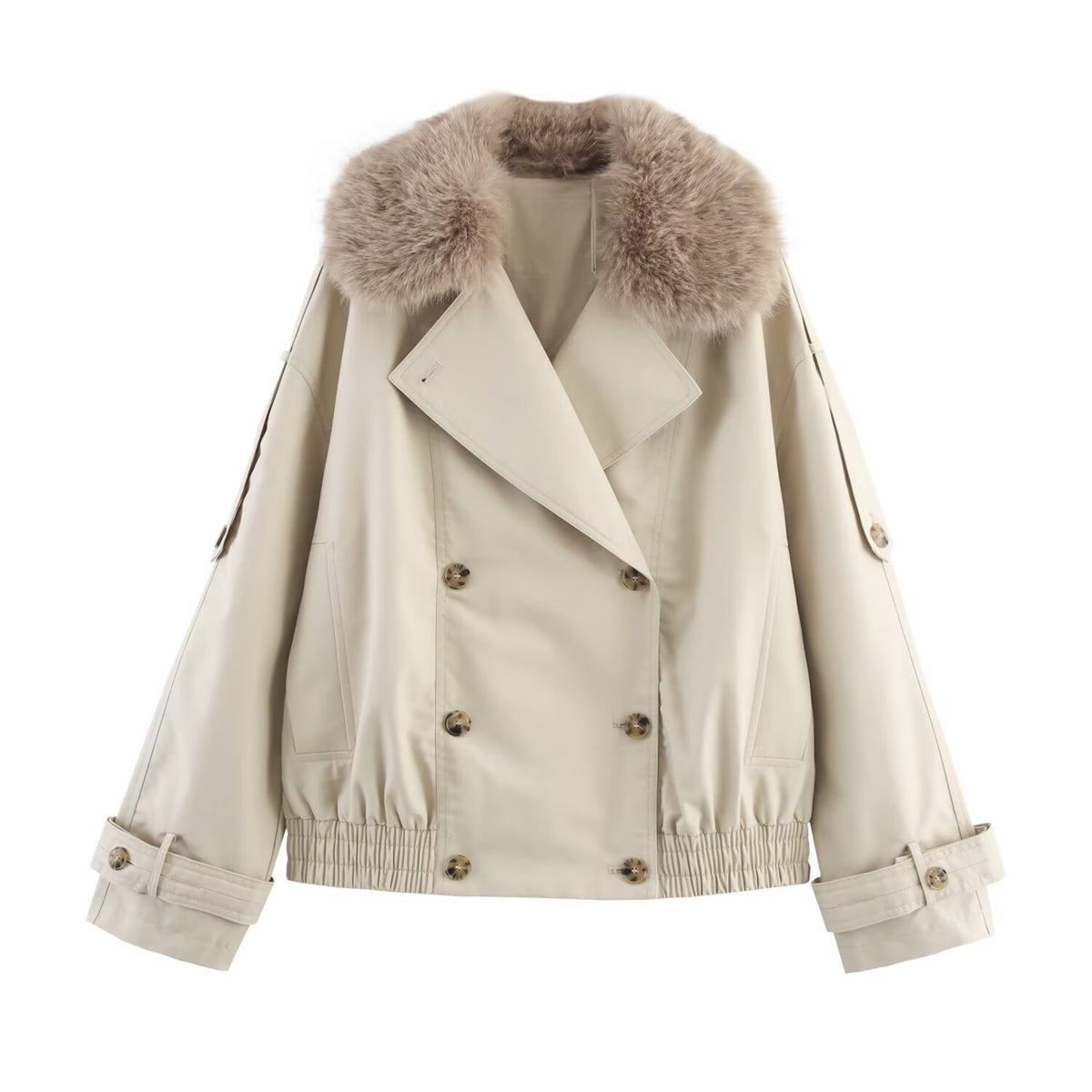 Women's short jacket in blouson trench style with detachable faux fur collar EVA-US