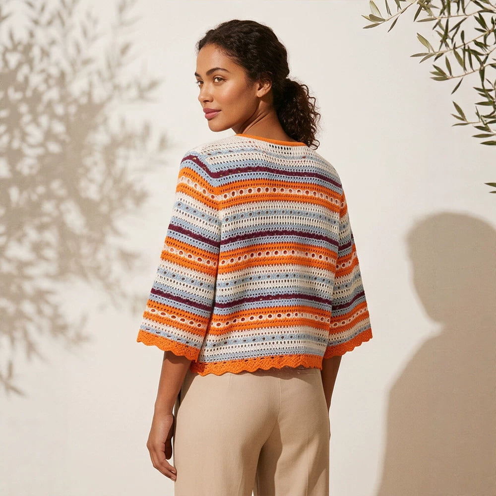 Women’s crocheted short jacket with shell hem, 3/4 sleeves & fine lace pattern EVA-US