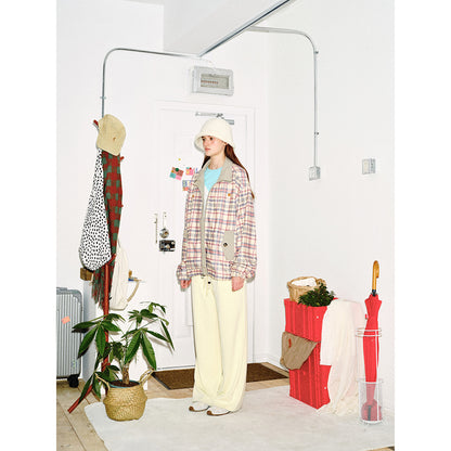 Women's lightly padded checkered boxy bomber jacket with drawstring hem, wooden bead cord and patch pockets EVA-US