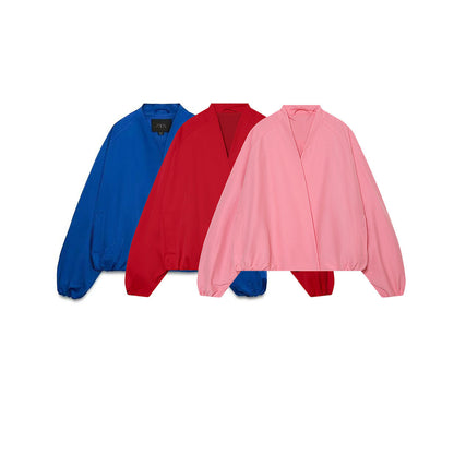 Women's bomber-style short jacket with kimono collar, balloon sleeves, and elastic hem EVA-US