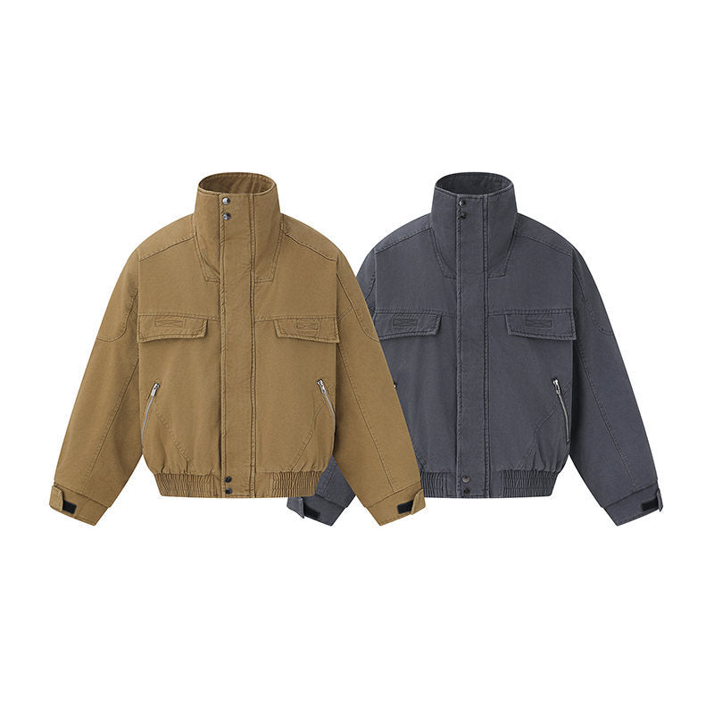 Men's short-cut canvas bomber jacket with high stand-up collar, concealed front placket, and zip pockets EVA-US
