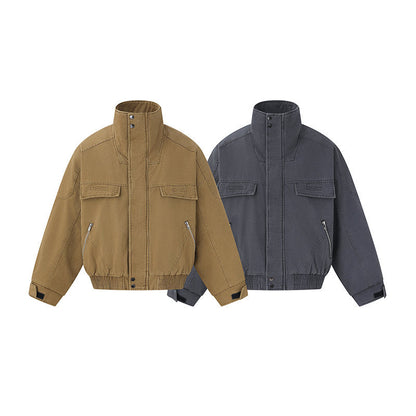Men's short-cut canvas bomber jacket with high stand-up collar, concealed front placket, and zip pockets EVA-US