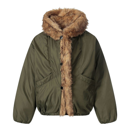 Ladies short jacket with faux fur trimmed hood and braided fur trim EVA-US