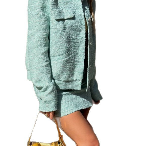 Ladies Tweed Two-Piece Short Jacket and Mini Skirt in Boucle Style EVA-US