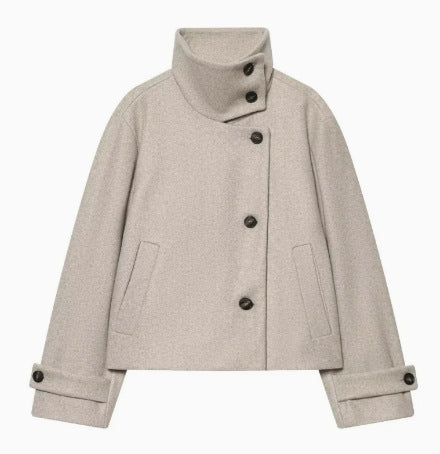 Women's 9800+ short boxy wool blend jacket with high funnel collar, asymmetrical button placket and adjustable cuffs EVA-US