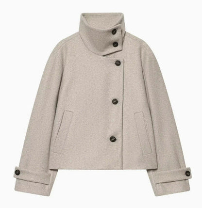 Women's 9800+ short boxy wool blend jacket with high funnel collar, asymmetrical button placket and adjustable cuffs EVA-US