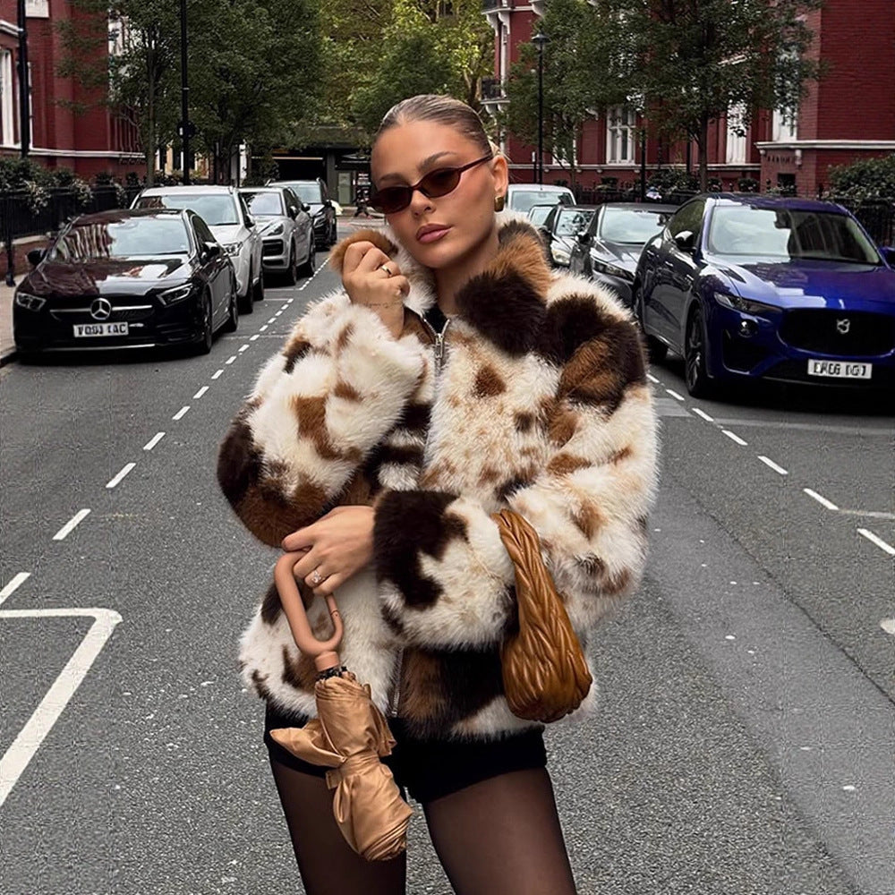 Women's Short Patchwork Faux Fur Blouson with Stand Collar and Concealed Zipper EVA-US