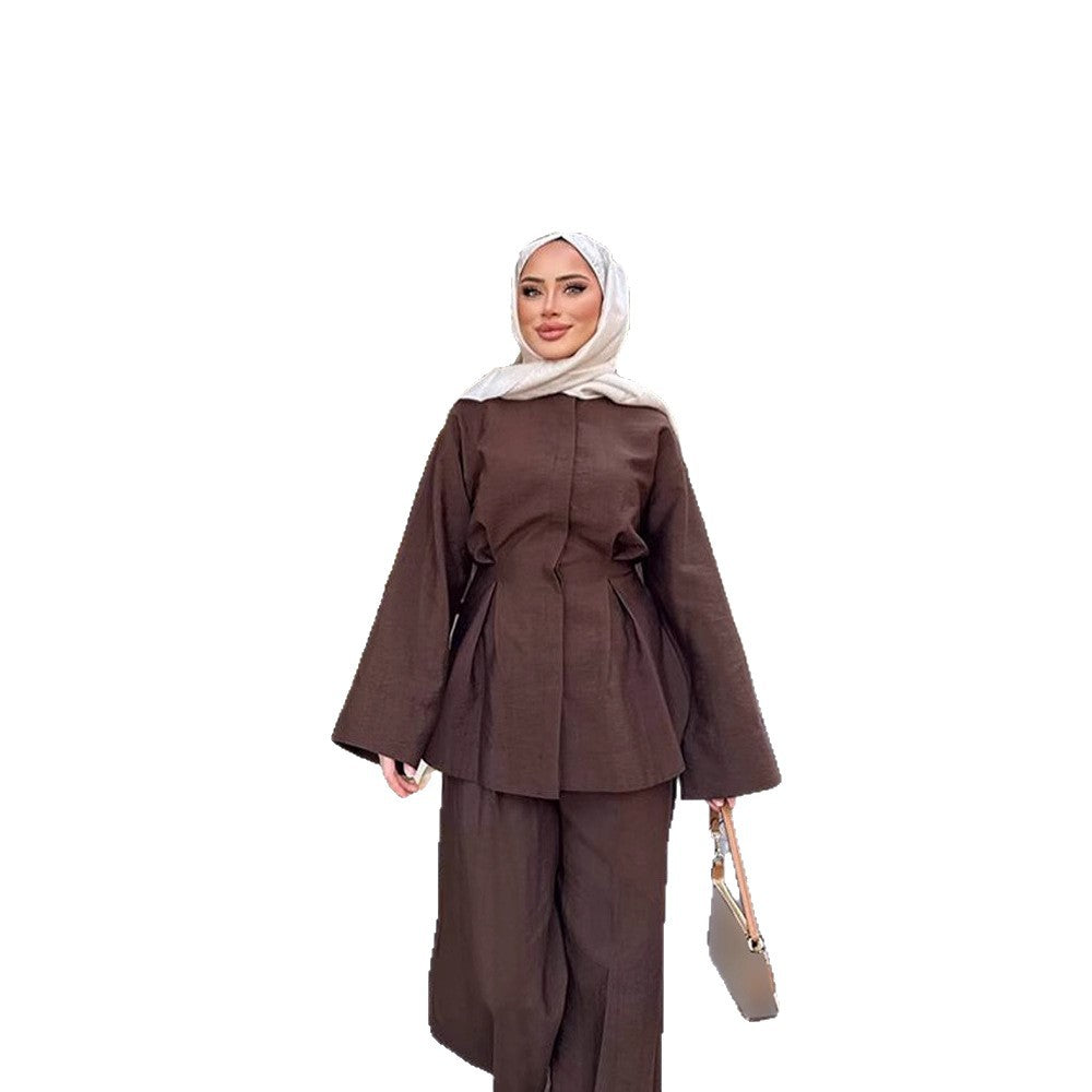 Ladies two-piece linen set with tailored pleat, wide leg and zip jacket EVA-US