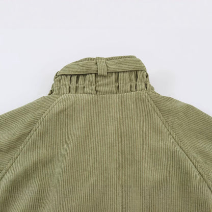 Women's Cord Field Jacket with Waist Belt and Stand-Up Collar EVA-US