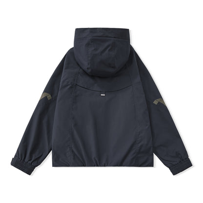 Men's short-cut boxy tech parka with hood, concealed front placket, and cargo zippers EVA-US