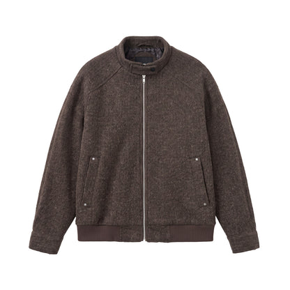 Men's Short Boxy Wool Mix Bomber with Stand-Up Collar and Ribbed Hem EVA-US