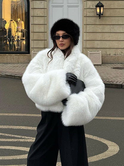 Women's Short Cozy Faux-Fur Bomber Jacket with Voluminous Shawl Collar and Boxy Silhouette EVA-US
