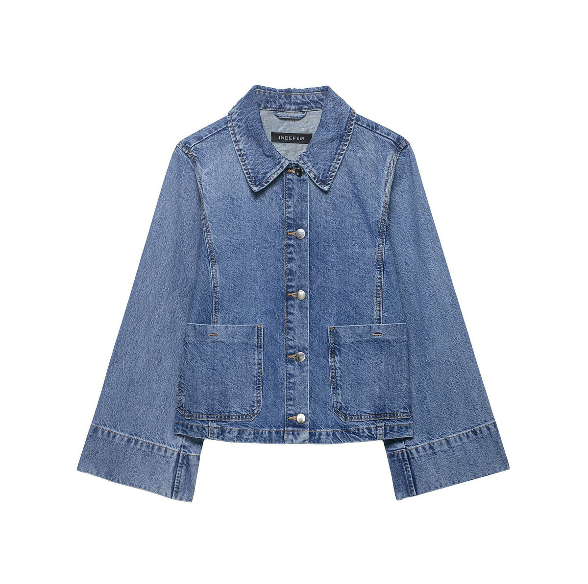 Women's Cropped Oversized Denim Jacket with Large Patch Pockets and Visible Button Placket EVA-US