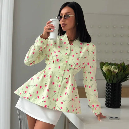 Women's fitted blazer with peplum, decorative buttons and floral pattern EVA-US