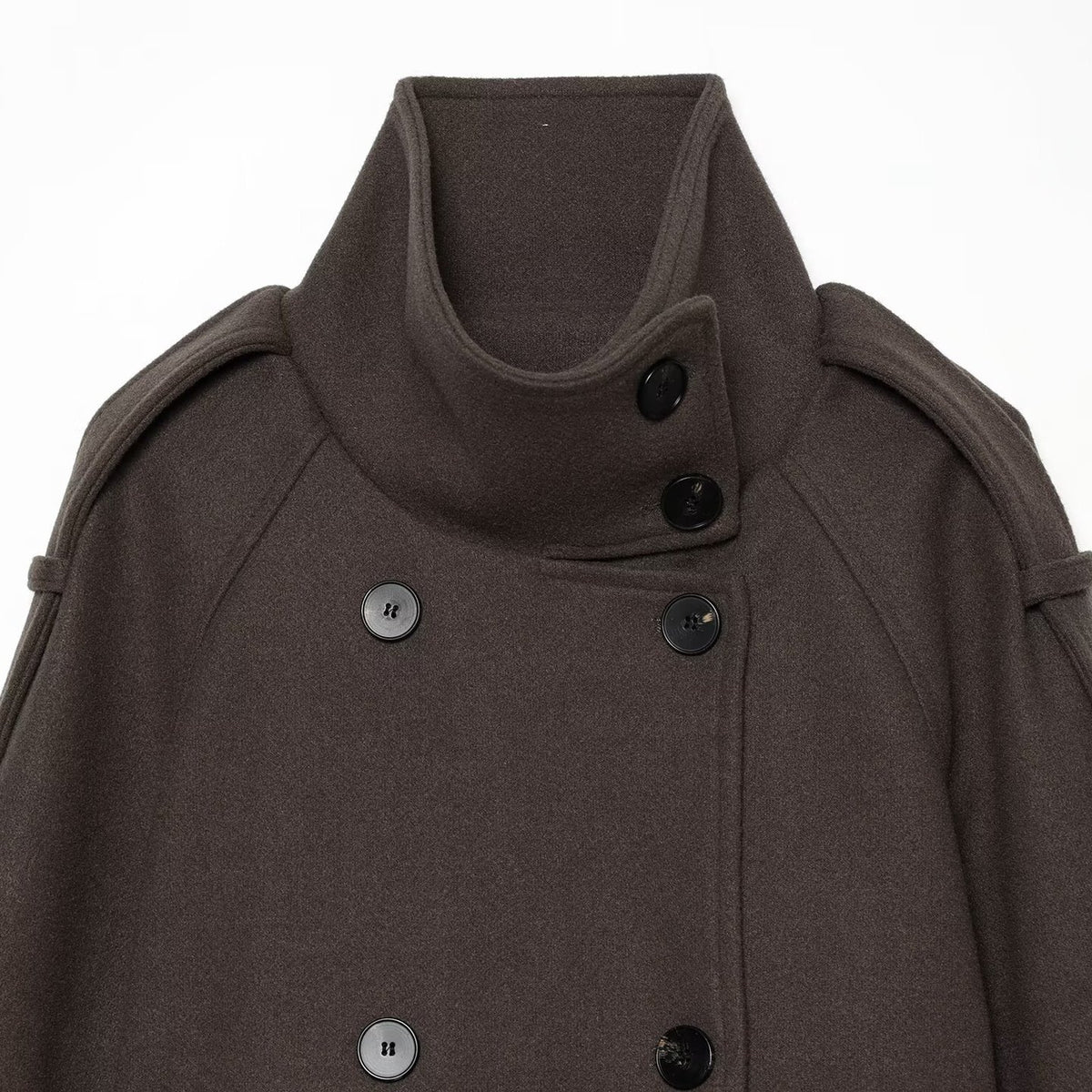 Ladies short cape jacket made of wool blend with high standing collar, double-breasted and tie belt EVA-US