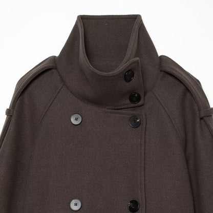 Ladies short cape jacket made of wool blend with high standing collar, double-breasted and tie belt EVA-US