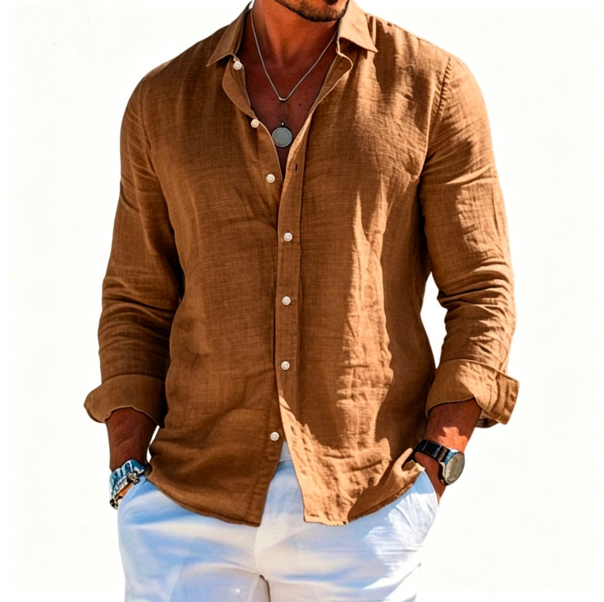 Men's textured linen shirt with open collar, lightweight texture, and casual-tailored fit EVA-US