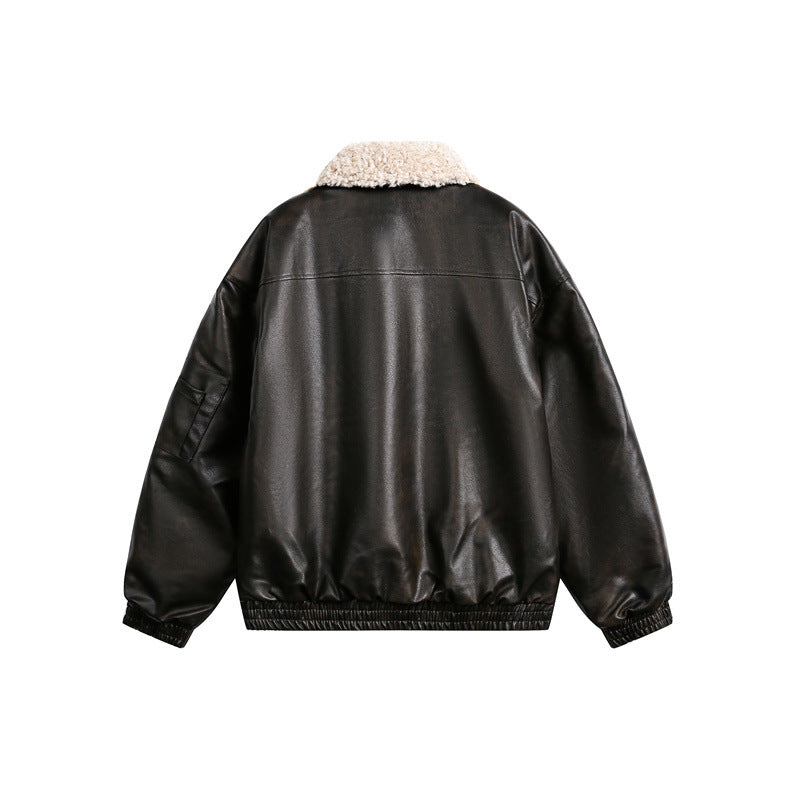 Men's aviator-inspired faux leather bomber jacket with teddy collar and sleeve utility pocket EVA-US