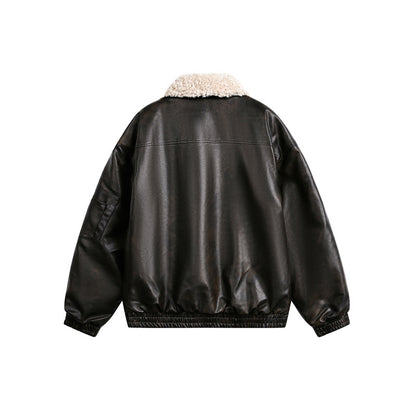 Men's aviator-inspired faux leather bomber jacket with teddy collar and sleeve utility pocket EVA-US