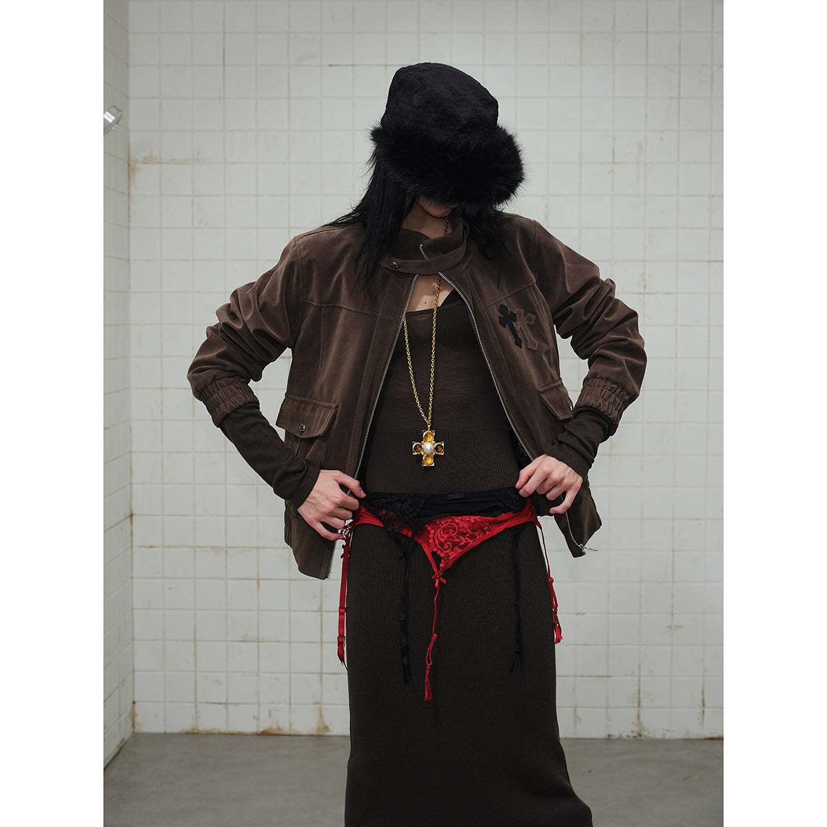 Men's short cut velour blouson jacket with funnel collar, patch pockets, and decorative cross application EVA-US
