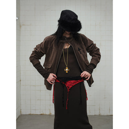 Men's short cut velour blouson jacket with funnel collar, patch pockets, and decorative cross application EVA-US