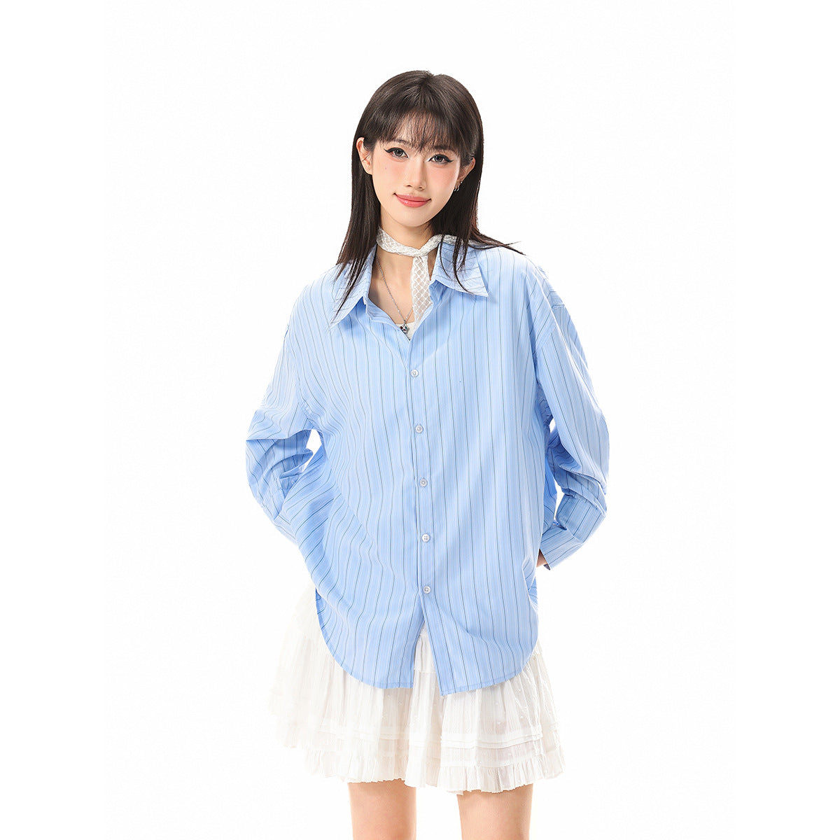 Women's Relaxed-Fit Boxy Shirt Blouse with fine ribbed texture and extended back hem EVA-US