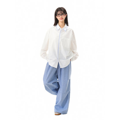 Women's Oversized Shirt Blouse with Contrasting Collar Piping and Chest Pocket EVA-US