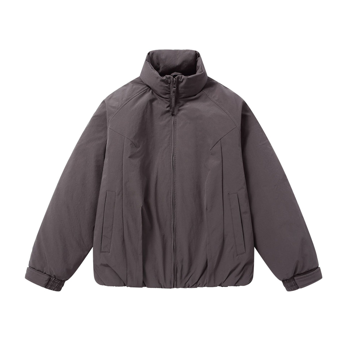 Men's short puffer jacket with protective stand-up collar, concealed zipper, and elastic hem EVA-US