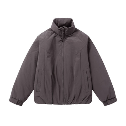Men's short puffer jacket with protective stand-up collar, concealed zipper, and elastic hem EVA-US
