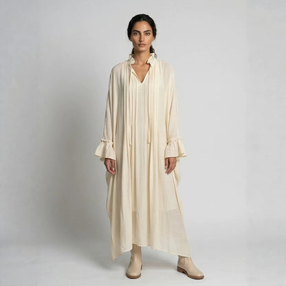 Women's maxi dress in kaftan style with ruffled collar, tie straps, and voluminous sleeves EVA-US