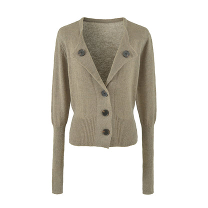 Women's Cropped Tailored Cardigan with Shawl Collar and Large Decorative Buttons EVA-US