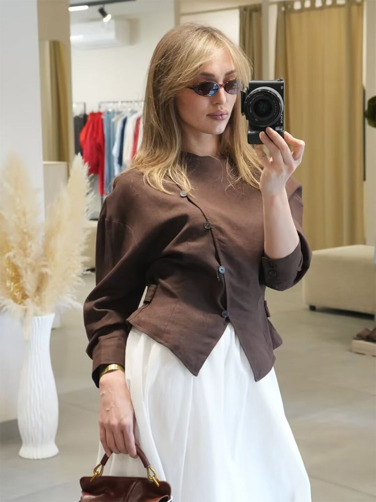 Women’s asymmetrical tailored blouse jacket made of linen with diagonal button closure EVA-US