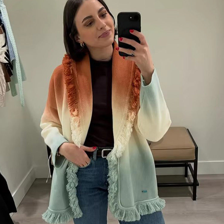 Women's Gradient Knit Cardigan with Fringes and Shawl Collar EVA-US