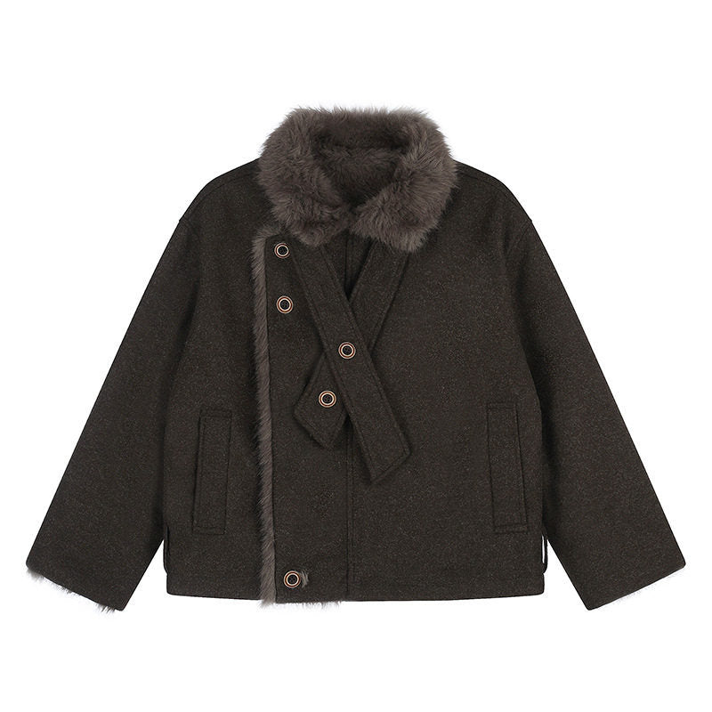 Women's short wool jacket with faux fur trim and asymmetric button placket EVA-US