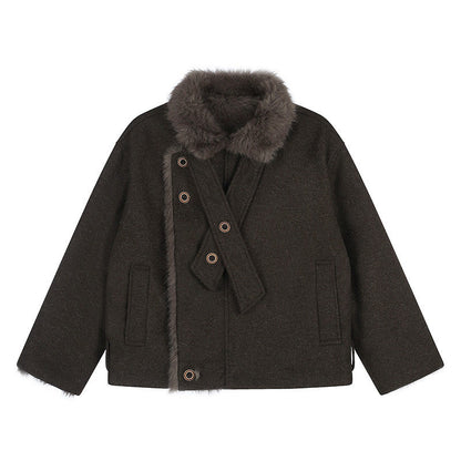 Women's short wool jacket with faux fur trim and asymmetric button placket EVA-US