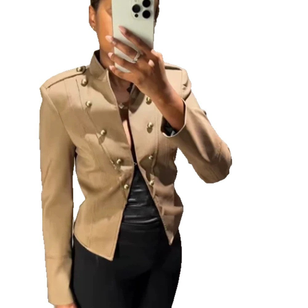 Ladies short blazer in military style with double-breasted decorative buttons EVA-US
