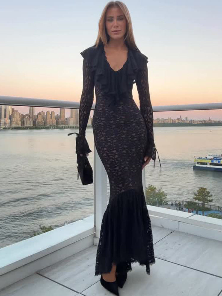 Women Figur-hugging Lace Maxi Dress with Ruffle Collar and Bell Hem EVA-US