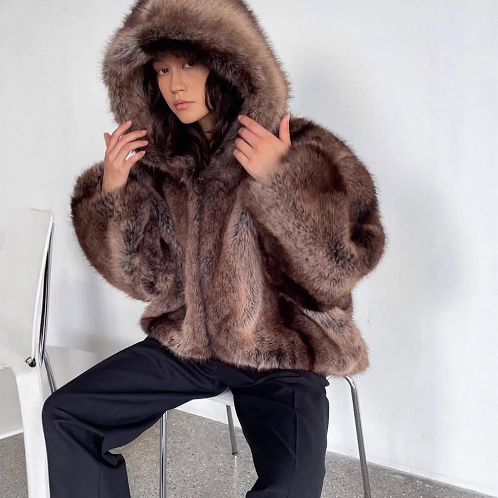 Women's Boxy Faux Fur Hoodie with Voluminous Hood and Loose Silhouette EVA-US