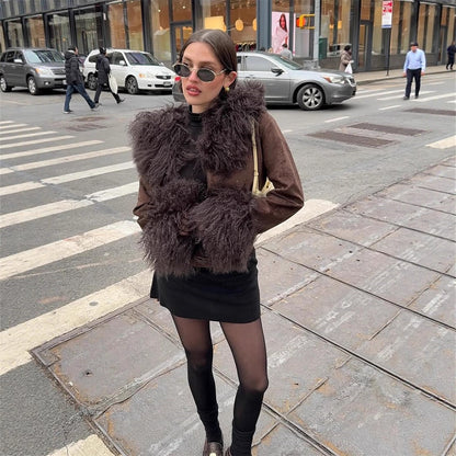 Women's Short Suede Jacket with Voluminous Tibetan Shearling Collar and Fur Cuffs EVA-US