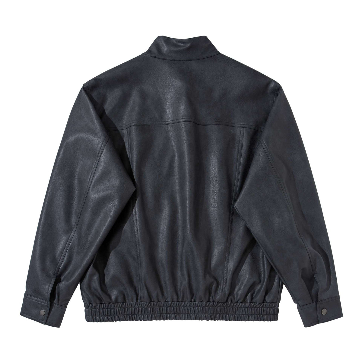 Men's vintage-inspired faux leather bomber jacket with funnel collar, flap pockets, and elastic hem EVA-US
