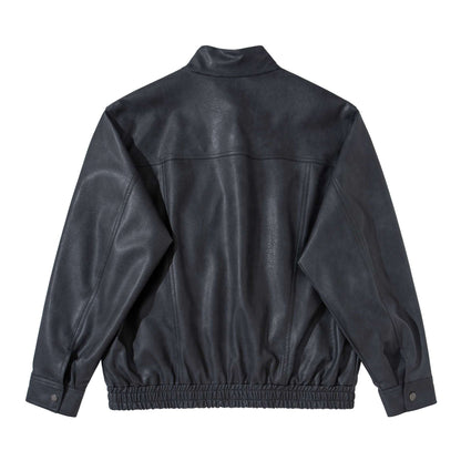 Men's vintage-inspired faux leather bomber jacket with funnel collar, flap pockets, and elastic hem EVA-US