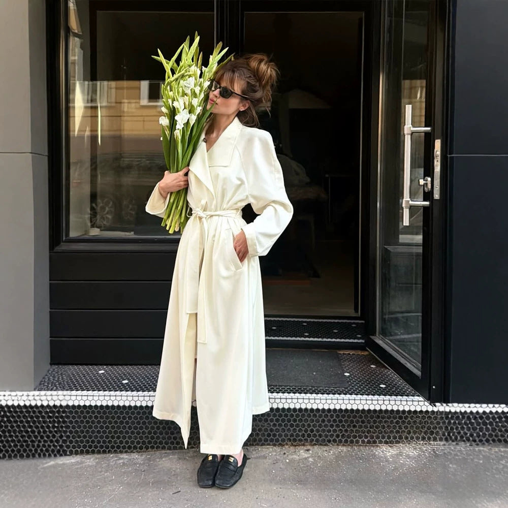 Women’s Maxi Length Wrap Coat made of Flowing Material with Wide Shawl Collar EVA-US