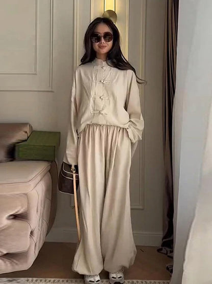 Women Two-Piece Oversized Lounge Set with Stand Collar and Decorative Knot Closures EVA-US