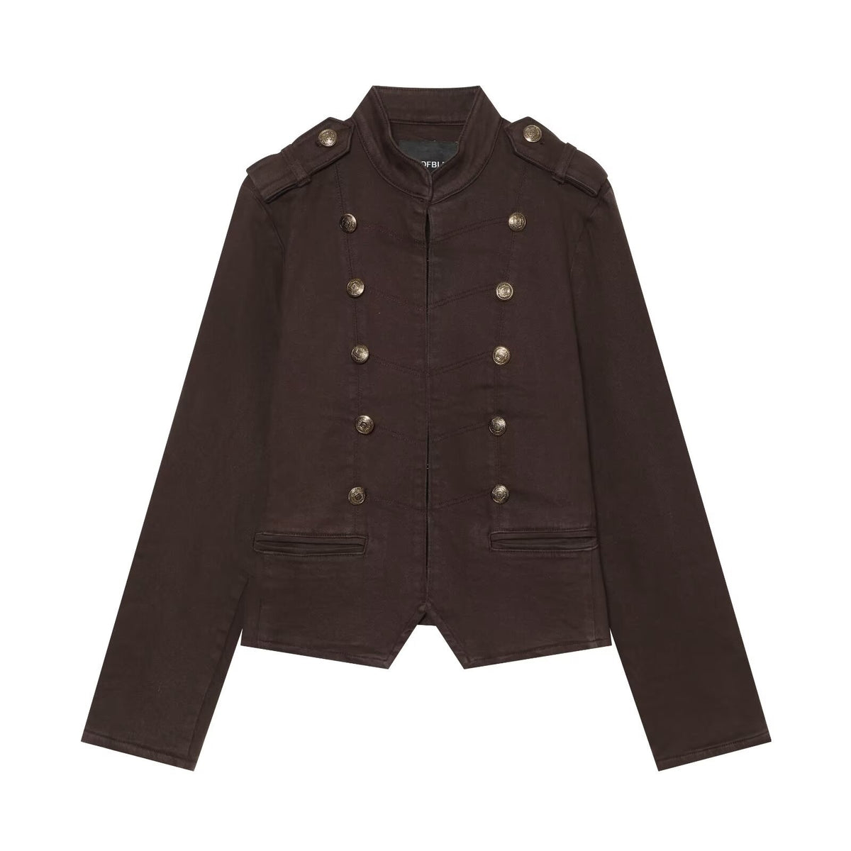 Women's Short Military Jacket in Double-Breasted Style with Stand-Up Collar and Epaulettes EVA-US