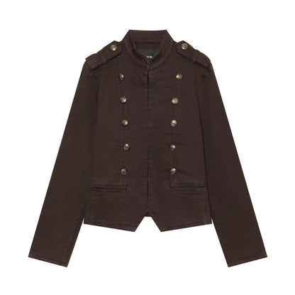 Women's Short Military Jacket in Double-Breasted Style with Stand-Up Collar and Epaulettes EVA-US