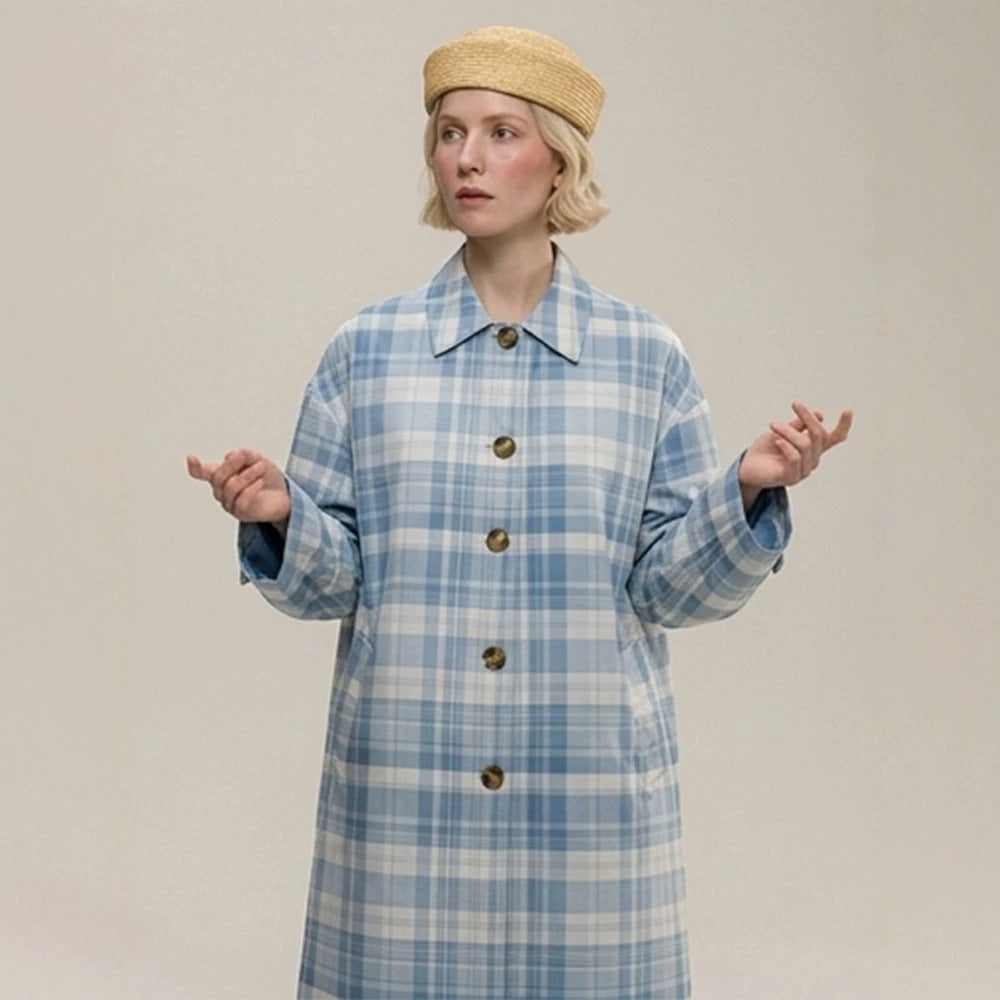 Women's Checked Lightweight Trench Coat with Mid-Length Oversized Silhouette EVA-US