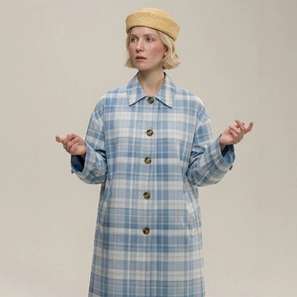 Women's Checked Lightweight Trench Coat with Mid-Length Oversized Silhouette EVA-US