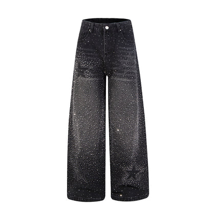 Women wide high-cut palazzo jeans with glitter effect and vintage wash EVA-US