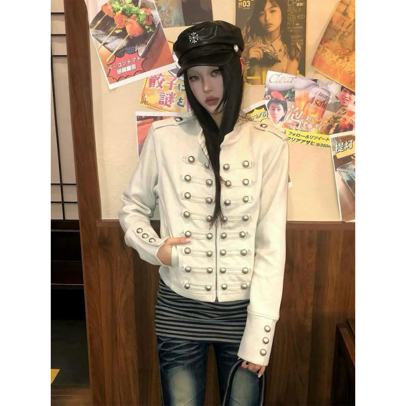Women Short Military Inspired Jacket with Double Decorative Button Placket and Cuffs EVA-US